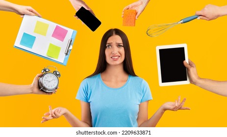 Overwhelmed pretty young woman having difficulties with time management, holding palms upside down, human hands with various stuff reaching lady, collage. Working woman and multitasking concept - Powered by Shutterstock