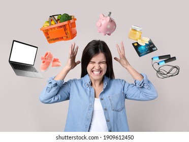 Overwhelmed woman and different objects around her on light grey background