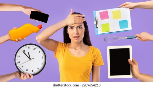 Overwhelmed young brunette woman touching her forehead, having difficulties with time management, surrounded with hands holding various stuff, purple background, collage, multitasking concept - Powered by Shutterstock