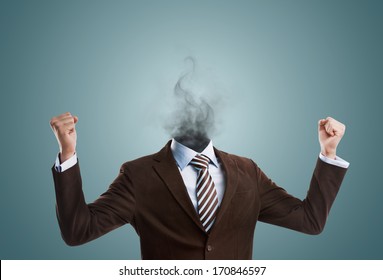 Overworked Burnout Business Man Standing Headless With Smoke Instead Of His Head. Strong Stress Concept