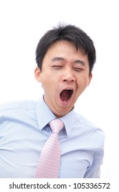 Overworked Business Man Yawn With Black Rim Of Eye Isolated On White Background, Model Is A Asian People