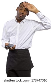 Overworked Young Male Waiter On A White Background