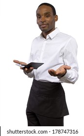 Overworked Young Male Waiter On A White Background