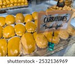 Oviedo, Asturias, Spain; 13th october 2024: Carbayon, yypical dessert from Oviedo in a pastry shop window