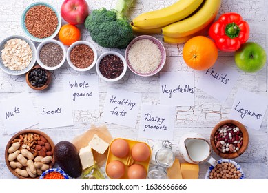 Ovo-lacto Vegetarian Diet Concept. Fruits, Vegetables, Dairy Products, Eggs, Seeds, Healthy Fats And Grains