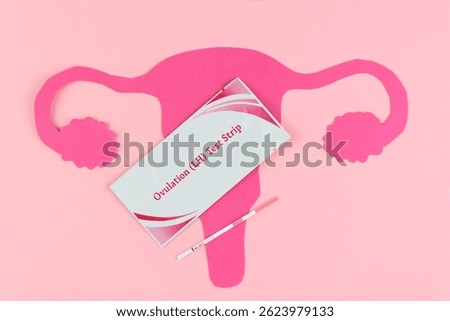 Ovulation test strip and pack close to a pink uterus to represent the fertile cycle period evaluation 