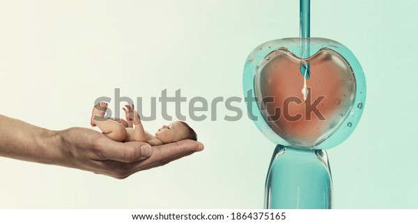 Ovum with needle\
and sperm for artificial insemination or in vitro fertilization and\
human baby on palm of hand. Concept of artificial insemination or\
fertility treatment. 