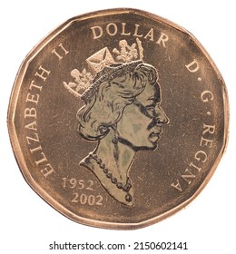 Owen Sound, Ontario - April 27, 2022: Uncirculated Canadian Loonie One Dollar Coin On White Background, Depicting Queen Elizabeth II. 