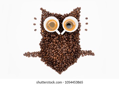  Owl Made Of Roasted Coffee Beans And Two Cups. A Symbol For Night People.