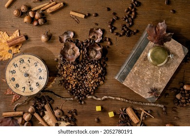 Owl shape from coffee beans and spices. Owl sit on the branch with vintage clock, playing cards, dice over wooden background. Funny mystery coffee prediction concept