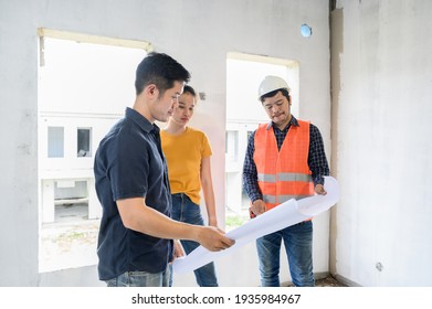 Owner Of New House Inspection With Engineer And Architect. Love Couple At Village Project And Estate Building.