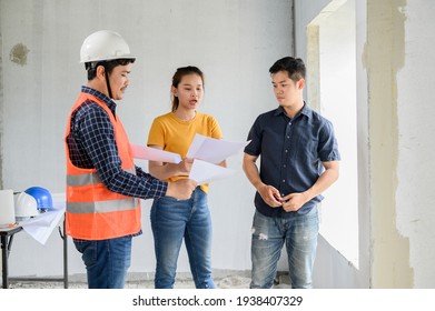 Owner Of New House Inspection With Engineer And Architect. Love Couple At Village Project And Estate Building.