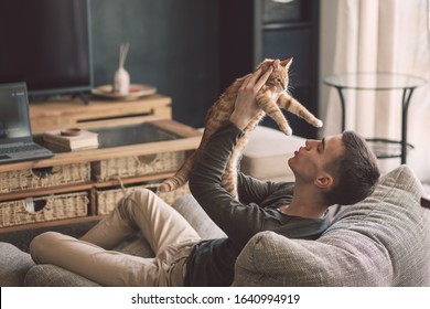 Owner playing with cat while relaxing on modern couch in living room interior. Young man resting with pet in soft chair at home.