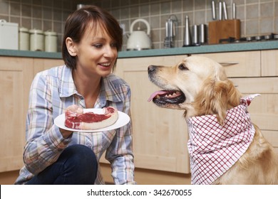 Owner Spoiling Pet Dog With Meal Of Fresh Steak