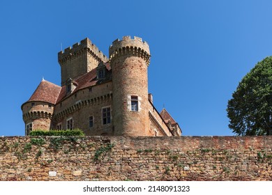 Owners main residential building in fortified complex Chateau de Castelnau-Bretenoux with square tall tower. Prudhomat, Lot, Occitanie, France