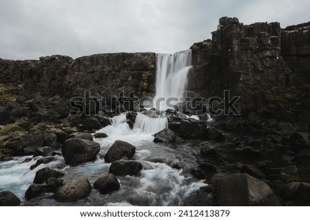 Oxararfoss Waterfall at Thingvellir, Iceland. attractions on the Golden Circle tourist route