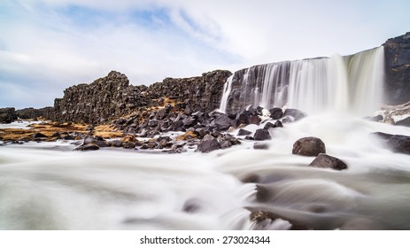 Oxararfoss Waterfall In Thingvellir National Park, Reykjavik, Iceland