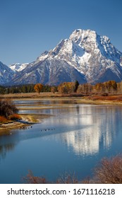 Oxbow Bend Viewpoint On Mt. Moran, Snake River And Its Wildlife During Autumn, Grand Teton National Park, Wyoming, USA