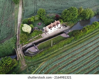 The Oxford Canal. Oxfordshire. England. June. 02. 2019. Grants Lock Keepers House Ariel Photo.