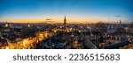 Oxford city aerial rooftop skyline at sunset. England