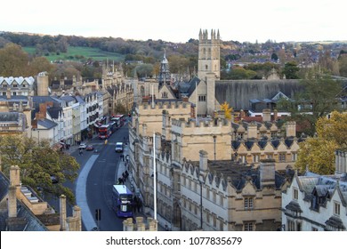 Oxford, England in January of 2018: The historic skyline view of Oxford from atop of St. Mary's Church.