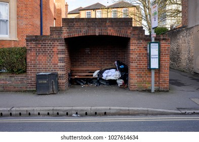 Oxford England UK 02/16/2018: Homeless Rough Sleeping In Bus Shelter