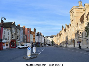 Oxford town centre with shops and ancient anglo Saxon buildings, home to Oxford University. Deserted streets during the covid 19 pandemic. 
Oxford, England UK. OCTOBER 2020