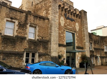 Oxford, UK 04.01.2019 - Oxford Castle And Prison Tourist Attraction With Restaurants And Bars. 