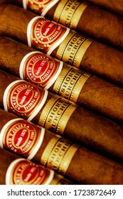 Oxford, UK 04/29/2020: Cuban Cigar Background. Romeo y Julieta cigars. Traditional hand rolled tobacco products. Symbol of luxury lifestyle.