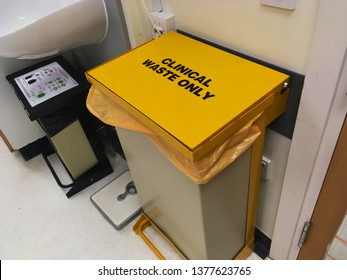 Oxford, UK - 10 January 2019: A Clinical Waste Only Bin Garbage Trash Can In A Hospital Ward Operating Theater Surgery Room Clinic.