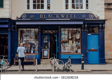 Oxford, UK - August 04, 2020: Exterior of Blackwell bookshop in Oxford, a city in England famous for its prestigious university, established in the 12th century. Selective focus.