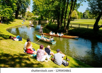 Oxford / UK - May 19, 2018. Small boats or 'punts' on the river in Oxford