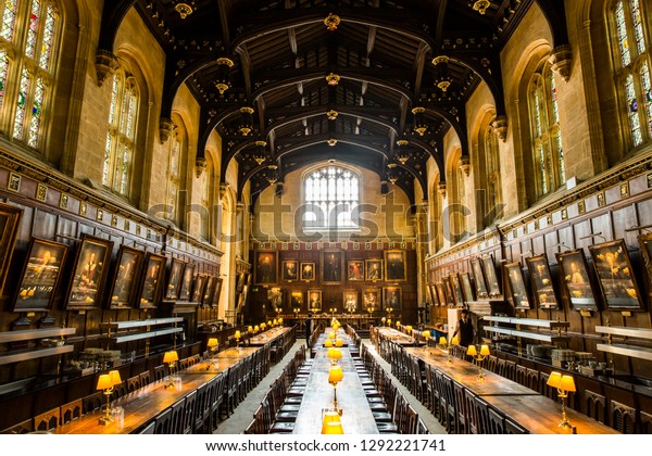 Oxford / UK - May 19, 2018. The famous dining room in Oxford which was inspired Harry Potter school, Hogwarts. 