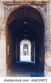 OXFORD, UK - MAY 22, 2017 : Tourists Walk In Bodleian Library Courtyard, Oxford, The City Known As The Home Of The University Of Oxford And Location For Harry Potter Filming.