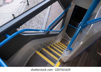 OXFORD, UK - SEPTEMBER 14 2022: Interior Of A Modern Double Decker Bus With Stairs In A Stairway Leading Between Decks