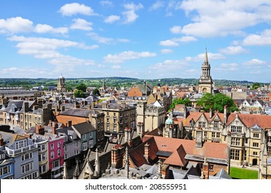 OXFORD, UNITED KINGDOM - JUNE 17, 2014 - View over the city rooftops from the University church of St Mary spire, Oxford, Oxfordshire, England, UK, Western Europe, June 17, 2014.