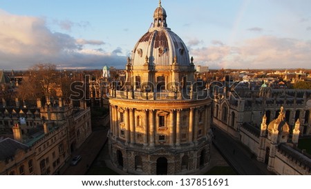 The Oxford University library. Photoed in the top of tower in St Marys Church.There was a rainbow behind of it, and the sunshine is so amazing.