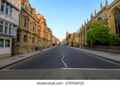 Oxford's High Street At Sunrise With No People Around, Early In The Morning On A Clear Day With Blue Sky. Oxford, England, UK.