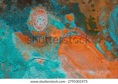 Oxidized copper texture with turquoise verdigris patina, colorful abstract corrosion patterns and weathered metal surface