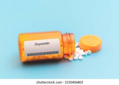 Oxycontin. Oxycontin Medical Pills In RX Prescription Drug Bottle