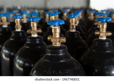 Oxygen Cylinders For Industrial In The Warehouse, Factory. To Use For Gas Welding, Combustion, Cutting, Oxidation, And Medical.