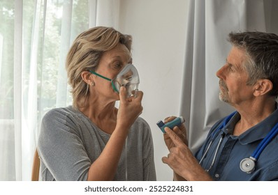 Oxygen face mask is placed on a woman patient struggling to breathe due to illness. Doctor, consultant explains how Covid-19, COPD, asthma and pneumonia require oxygen therapy - Powered by Shutterstock