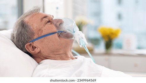 Oxygen mask, hospital and senior man with ventilation and healthcare support in a clinic. Elderly patient, medical care and emergency room with male person at a doctor for wellness and health