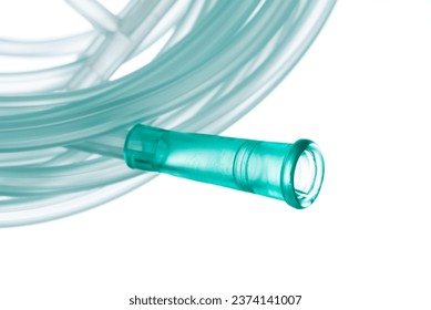Oxygen tubing hose with connector, component for controlled delivery of medical-grade oxygen, closeup isolated on white background