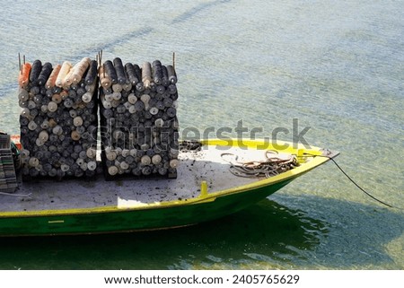 oyster barge with round plastic pick for breeding and hatching oysters in basin arcachon bay in france