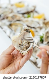 Oyster. Man Eating Shellfish. Seafood And Mediterranean Cuisine With Mussels In Shell. Oyster In Luxury Restaurant.