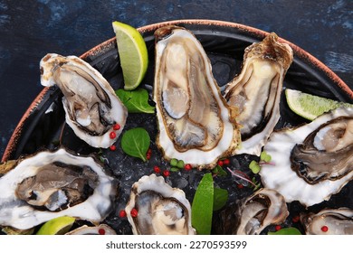 Oysters with lime on a round plate. Oysters are lying on ice. Oyster season. An open oyster shell.Flat lay.Top view.