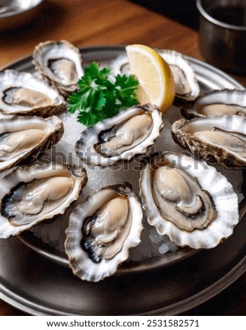 Oysters on a plate with ice and lemon. 