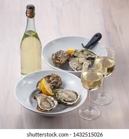 Oysters with white wine for two on the table. Two plates with oysters and a pair of glasses of wine and a bottle on the table closeup.