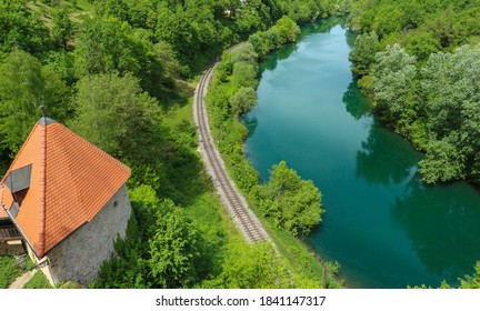 Ozalj/ Croatia-August 8th, 2018: Beautiful old castle, towering above Kupa river, surrounded by green forest near the city of Karlovac - Shutterstock ID 1841147317